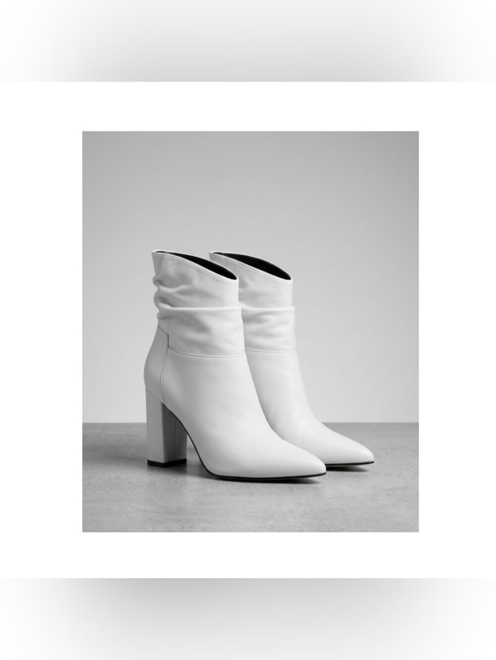 Genuine Leather White Slouch Block Heel Ankle Boots